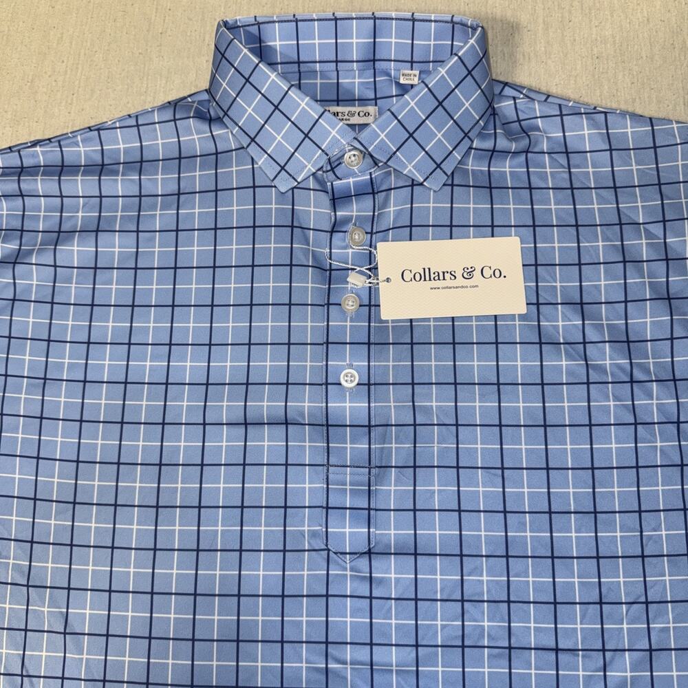 Collars and Co Golf Polo Navy White Blue Windowpane Checks Size Large Preppy NWT